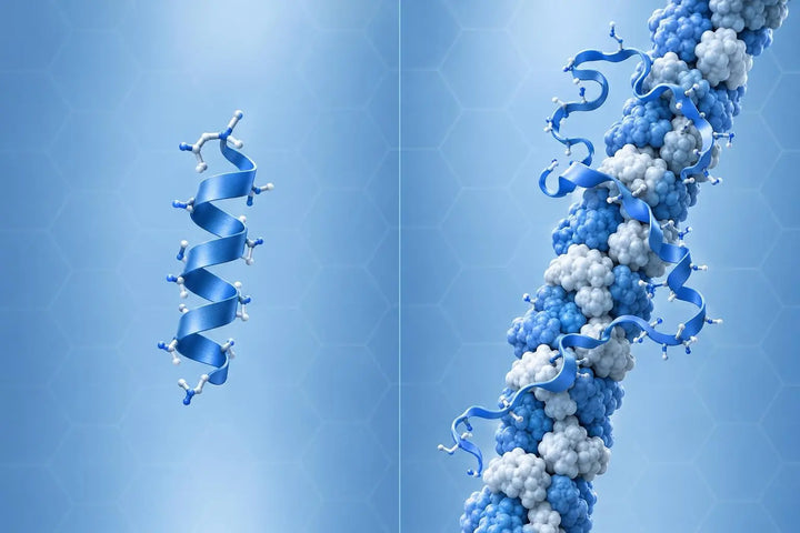 Side-by-side 3D ribbon renders of two thymosin peptides, comparing alpha-1 and beta-4 structures for in vitro research