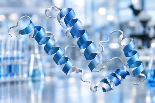 Three-dimensional ribbon render of a large synthetic peptide structure in a laboratory setting, representing tirzepatide identity for in vitro research.