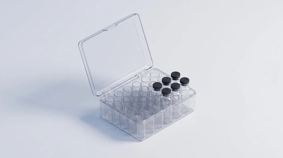 An isometric clear hard-plastic vial storage box with slotted rows holding research vials.
