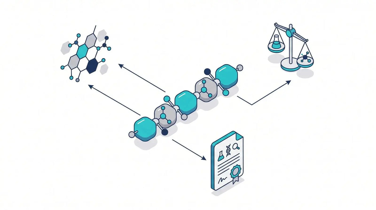 Isometric schematic of a short peptide chain with connector lines to a molecular formula, a weighing scale, and a certificate, explaining what a research peptide is