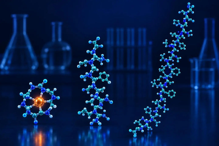 Three peptide molecular structures side by side representing the components of the GLOW research blend