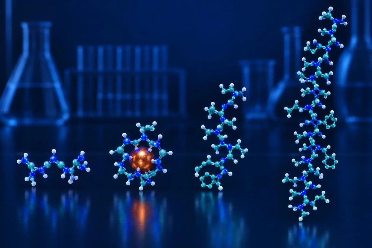 Four peptide molecular structures in a row representing the components of the KLOW research blend