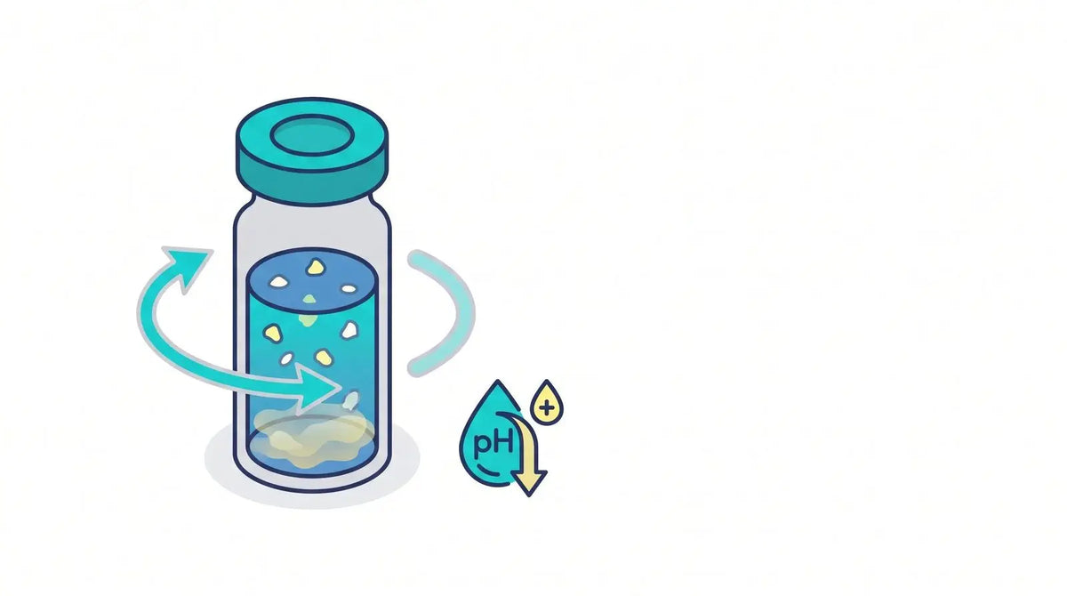 Isometric illustration of a vial with undissolved particles and a gentle-swirl arrow beside a pH-lowering droplet icon, representing a peptide that resists dissolving