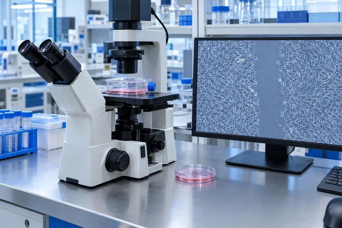 Microscope and monitor showing a cell monolayer scratch assay, representing what in vitro lab data describe for a research peptide